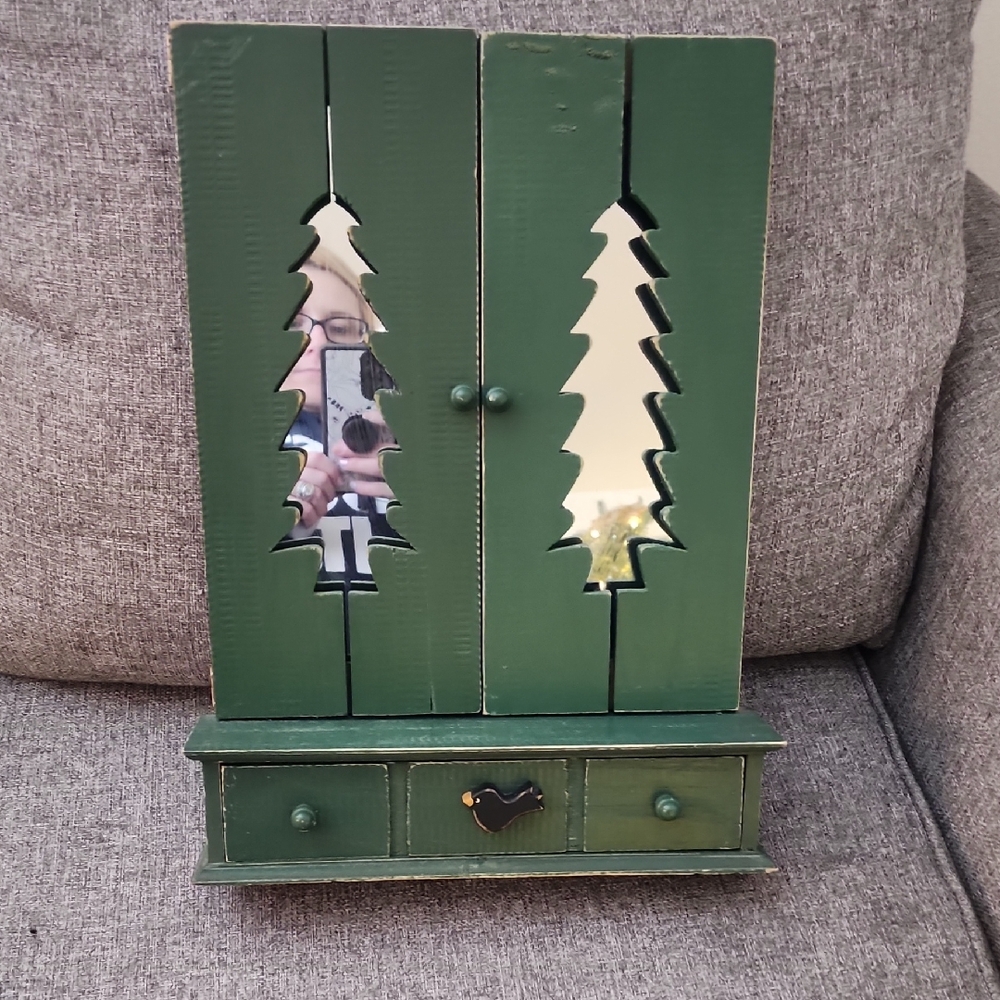 Source Unknown Green Wooden Cabinet with Mirror
